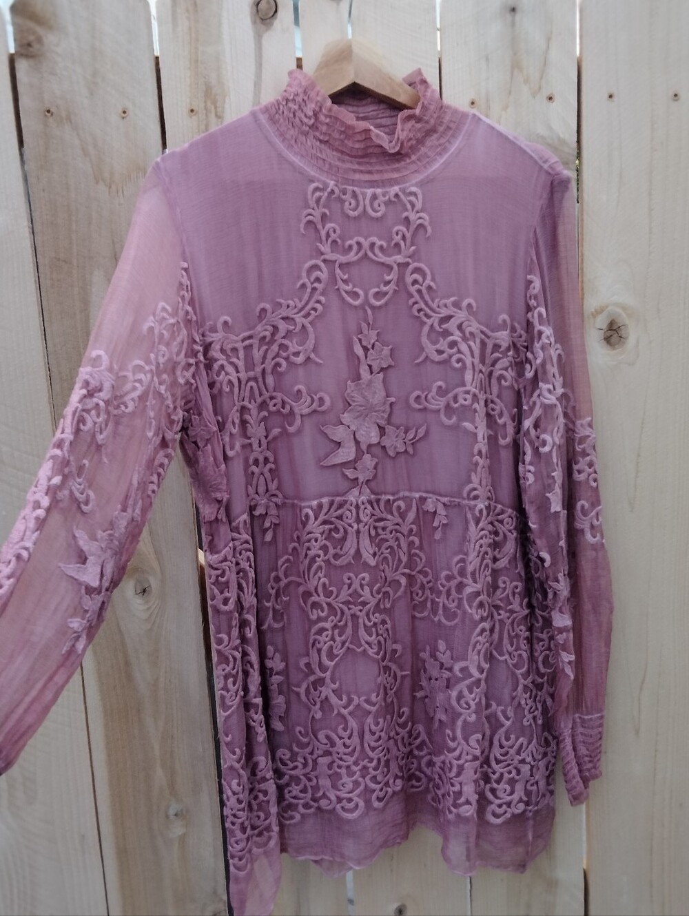 Soft Surroundings Embroidered Silk Tunic Women's M Smocked Mock Neck Dusty Rose